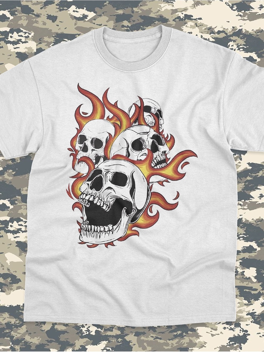 White Graphic Tee with Flaming Skulls - Men's Casual Shirt